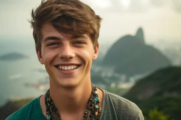 Fototapete Rio de Janeiro Close-up portrait photography of a happy boy in his 20s wearing a dramatic choker necklace near the christ the redeemer in rio de janeiro brazil. With generative AI technology