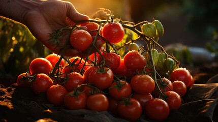 Close up of farmer's hands holding fresh tomatoes on the field at sunset. 