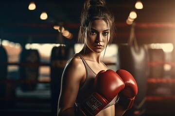 Girl boxer stands in red gloves ready for sparring.