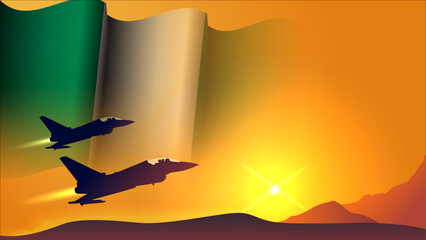 fighter jet plane with nigeria waving flag background design with sunset view suitable for national nigeria air forces day event