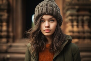 Fototapeta premium Close-up portrait photography of a blissful girl in her 20s wearing a warm wool beanie at the angkor wat in siem reap cambodia. With generative AI technology