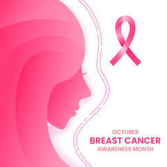 female pink silhouette illustration. for october breast cancer awareness month. simple, ribbon, minimal, color. used for greeting card, poster, banner