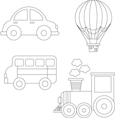 outline transportation clipart bundle in cartoon style for kids and children includes 4 vehicles
