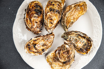 fresh oyster in shell clam oysters seafood fruit de mer ready to eat meal food snack on the table copy space food background rustic top view