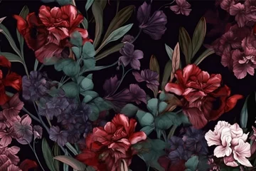 Behang leaf decoration nature dark bouquet wallpaper vintage background flower peony burgundy. Generative AI. © VICHIZH