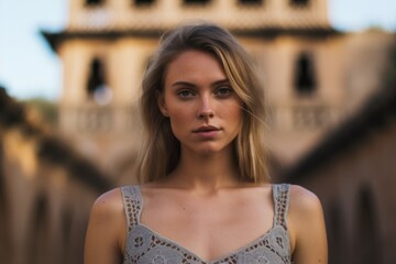 Fototapeta premium Close-up portrait photography of a tender girl in her 30s wearing a lace bralette at the alhambra in granada spain. With generative AI technology
