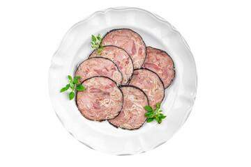 offal meat sausage pork Andouille (pork stomach, pork neck, offal) meal food snack on the table copy space food background rustic top view