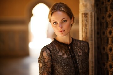 Fototapeta premium Conceptual portrait photography of a satisfied girl in her 20s wearing a sparkling brooch at the alhambra in granada spain. With generative AI technology