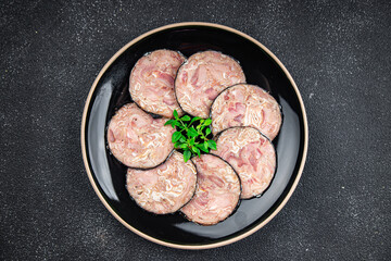 offal meat sausage pork Andouille (pork stomach, pork neck, offal) meal food snack on the table copy space food background rustic top view