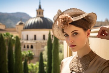 Medium shot portrait photography of a content girl in his 30s wearing a fancy fascinator at the alhambra in granada spain. With generative AI technology