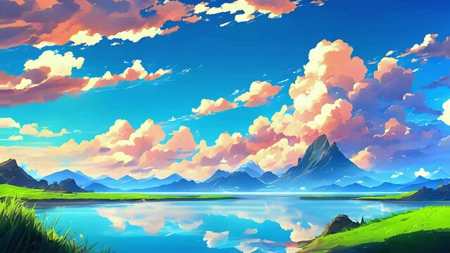 Beautiful natural landscape with lake , cloud, sky and mountains. Cartoon or anime watercolor painting illustration style. 4K timelapse Seamless looping video