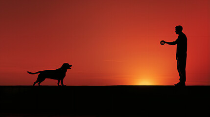 Fototapeta na wymiar Silhouette man and dog - orange background 