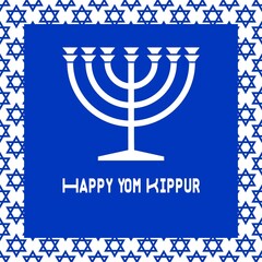 Wish card Happy Yom Kippur written in English with a white candlestick menorah on a background of blue crosses of David