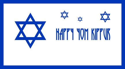 Wish card Happy Yom Kippur written in English with crosses of David in white and blue colors