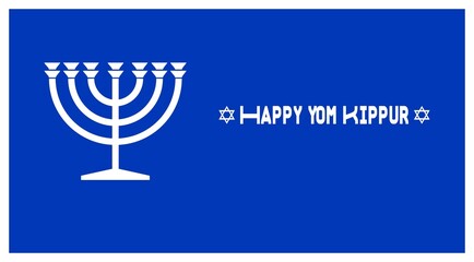 Blue Wish card Happy Yom Kippur written in English with 2 crosses of David and a white candlestick menorah