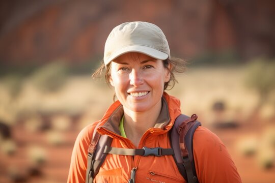 Environmental portrait photography of a satisfied girl in her 40s wearing a breathable hiking shirt near the uluru (ayers rock) in northern territory australia. With generative AI technology