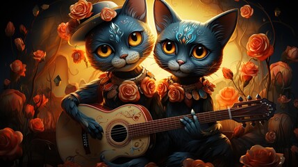 Day of the dead generates single guitar cartoon illustrations of skeletons and flowers,AI generated. 