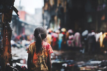 View from behind a young lonely homeless girl standing outside in a dirty slum - obrazy, fototapety, plakaty