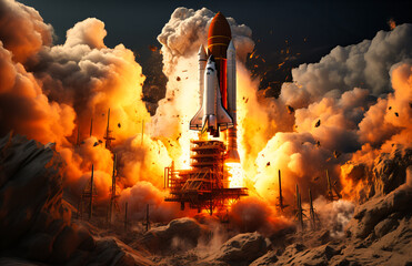 an orange space shuttle is taking off - obrazy, fototapety, plakaty