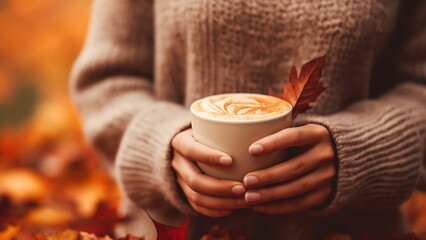 Woman holding a coffee cup. background shows blurred autumn leaves.