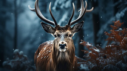 Beutiful natural wildlife. A deer standing in a wintery scene of trees.