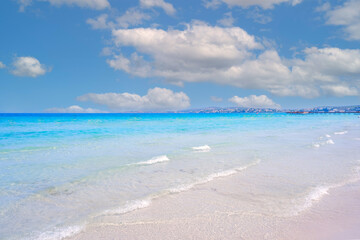 Ilıca beach in Cesme is the most beautiful beach, beautiful sky background, clear blue water, beach view, wide angle shot view, holiday idea. 