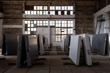Large warehouse interior, marble storage room, industrial style