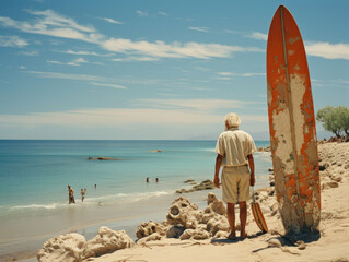 old man with surfboard