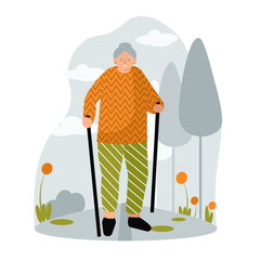 Adult woman walking with trekking sticks in park. Regular physical activity for seniors. Healthy walk outside. Happy old age. Flat vector illustration in cartoon style
