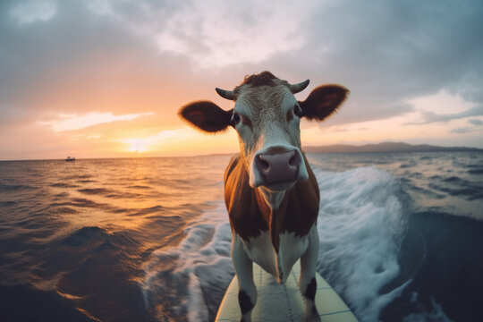 Photo portrait of a happy cow dressed like a surfer