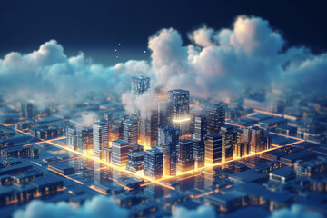 Modern city in the clouds. 3d rendering toned image double exposure