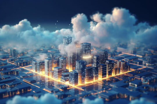 Modern city in the clouds. 3d rendering toned image double exposure
