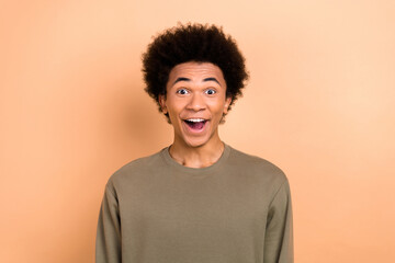 Fototapeta na wymiar Portrait photo of excited positive young guy funny hairstyle chevelure open mouth unexpected good news reaction isolated on beige color background