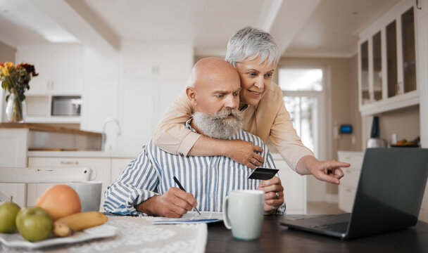 Home, credit card and senior couple with a laptop, connection or budget planning with retirement, investment or online payment. Love, old man or elderly woman embrace, pc or pension fund with network