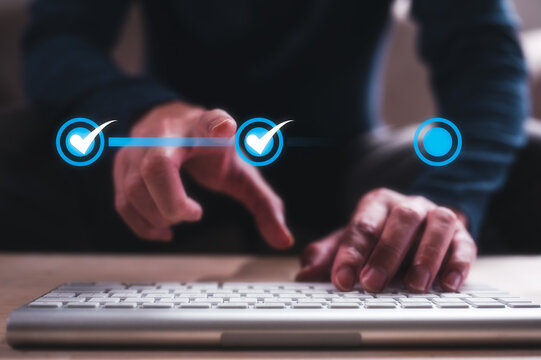 Document data system Report HR technology Concept, Businessman typing with approval work flow for online business management review , project and document approve concept