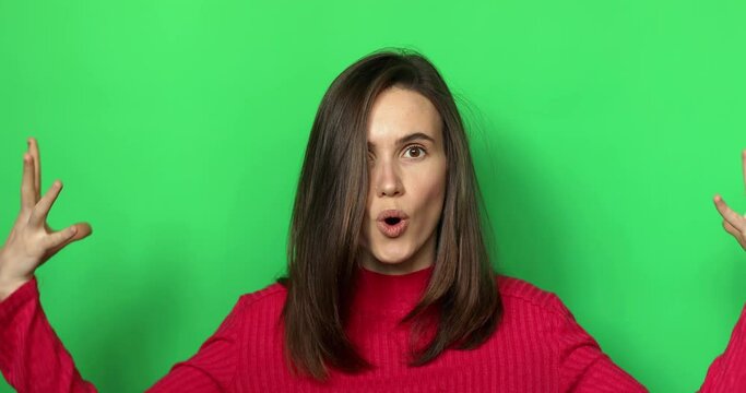 Mind blowing information. Girls world falling apart as she realises everyone hid truth. Shocked and overwhelmed woman making explosion gesture as her head gonna explode.