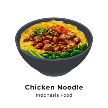 Mie Ayam or chicken noodle, Indonesian cuisine. Yellow wheat noodle topped with chicken meat, mushroom, bok choy. Served with fried wonton, scallion and fried shallot. Vector illustration