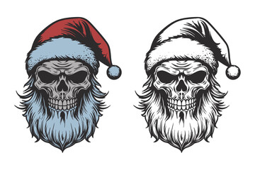Set of vintage retro tattoo bad scary horror spooky skull skeleton santa claus in hat. Merry christmas xmas new year holiday halloween poster. Graphic Art. Engraving vector style illustration