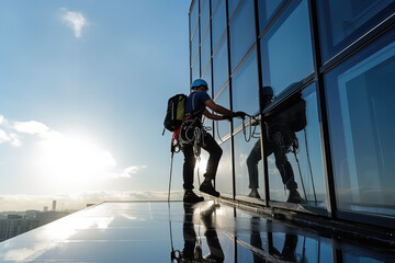 Backview of a high - rise window cleaner in sunlight. A male industrial climber washes the windows of a tall modern skyscraper. 