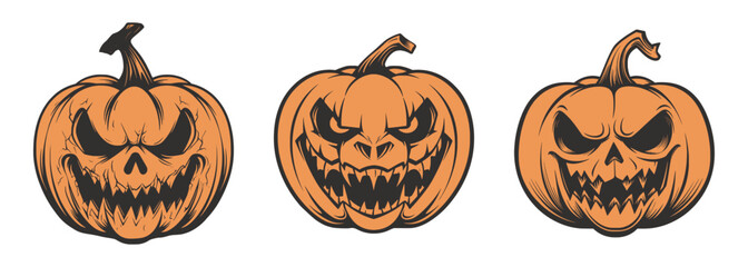 Set of scary spooky boo Halloween pumpkin lantern monster. Traditional autumn october american holiday symbol. Graphic Art. Illustration