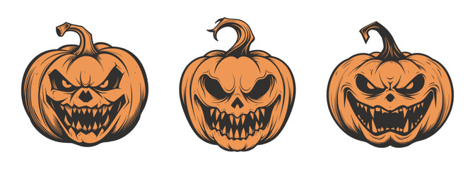 Set of scary spooky boo Halloween pumpkin lantern monster. Traditional autumn october american holiday symbol. Graphic Art. Illustration