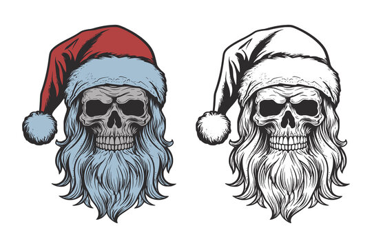 Set of vintage retro tattoo bad scary horror spooky skull skeleton santa claus in hat. Merry christmas xmas new year holiday halloween poster. Graphic Art. Engraving vector style illustration