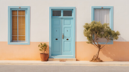 Front view of bright colored house's door, minimalist creative house entrance composition, copy space. 