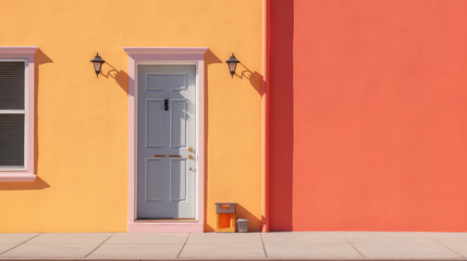 Front view of bright colored house's door, minimalist creative house entrance composition, copy space. 