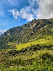 Obraz premium Landscape in Villamaria, Caldas, Colombia with green montains, moorland and road to the ruiz hot springs