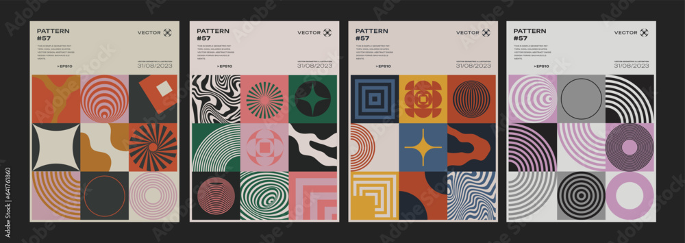 Poster set of bauhaus abstract geometric patterns. swiss design shapes. cool meta modern posters collection