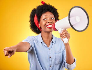 Woman, megaphone and winner choice in announcement, broadcast and choice or news on yellow...