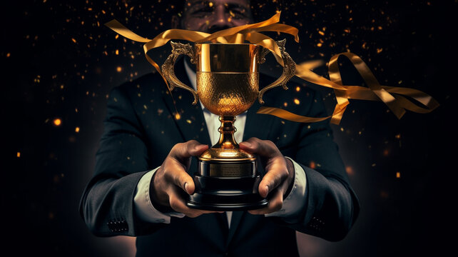 Close up man holding thophy. Successful concept. Generative AI