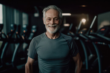 Fototapeta premium Portrait of an athletic old man with muscles against a background of a gym and treadmills. Creative concept of active old age. 