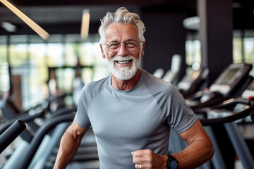 Fototapeta na wymiar Portrait of an athletic old man with muscles against a background of a gym and treadmills. Creative concept of active old age. 